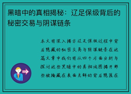 黑暗中的真相揭秘：辽足保级背后的秘密交易与阴谋链条