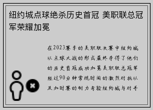 纽约城点球绝杀历史首冠 美职联总冠军荣耀加冕